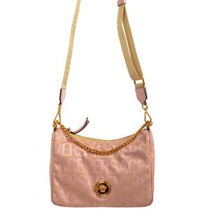 Versace Women's Pink Logo Print Gold Medusa Medium Hobo Handbag Shoulder Bag